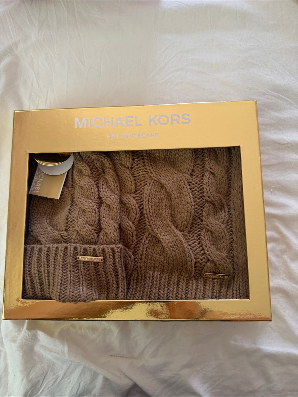 Michael Kors Brown Cable Knit Hat and Scarf Gift Set
